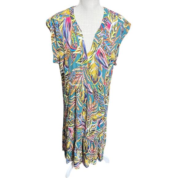 Democracy Colorful dress Midi Ruffled Sleeveless Tropical Flowy Vacation sz L - Picture 1 of 8